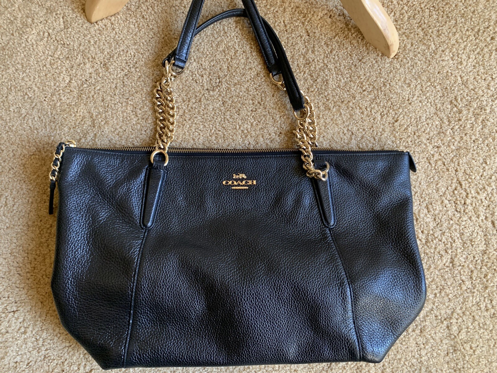 COACH F2221 Black Pebbled Leather AVA Chain Tote Shoulder Bag Gold Hardware EUC