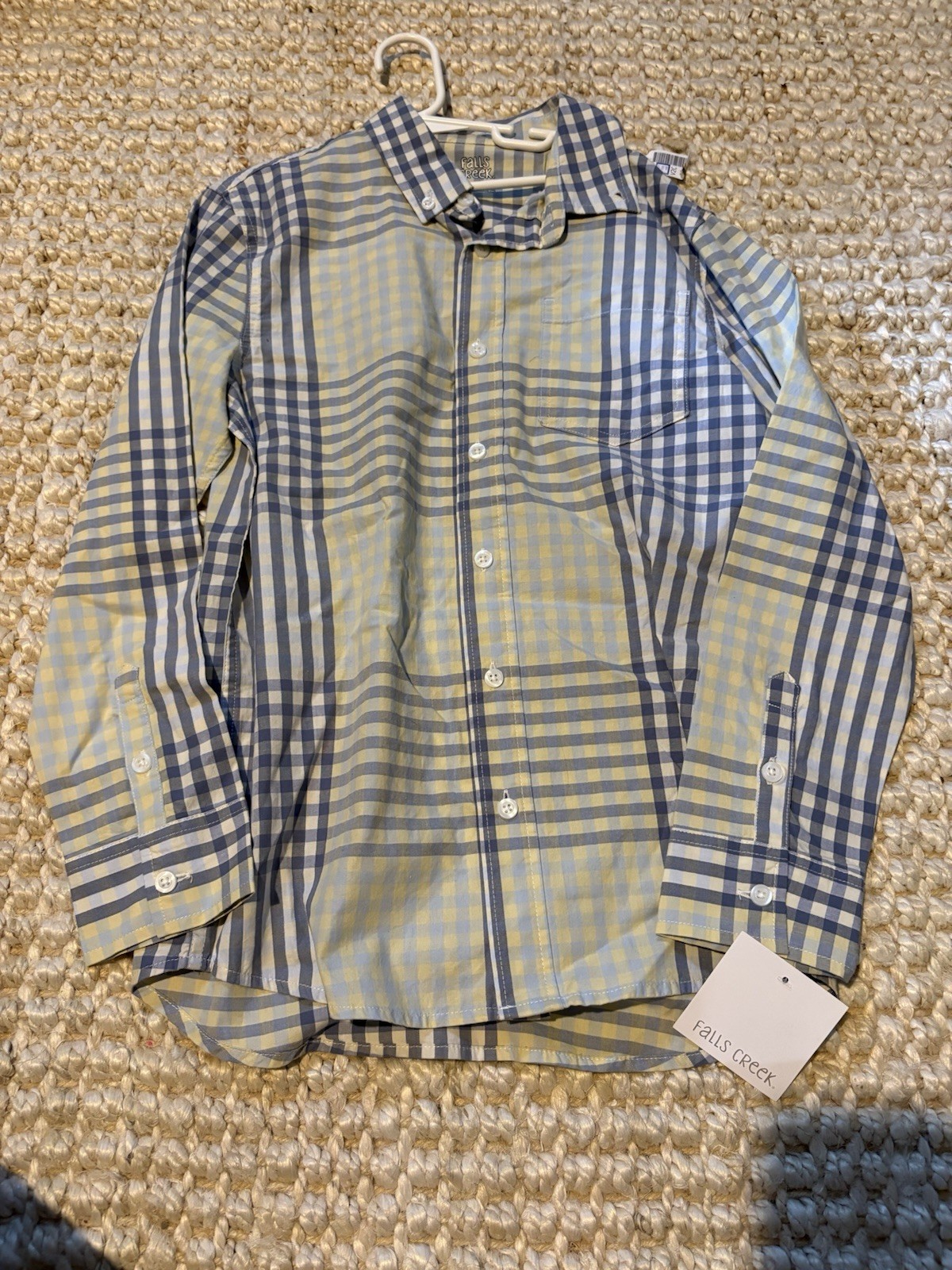 Falls Creek Teens M Blue Yellow Plaid Long Sleeve Button-Up Point Collar
