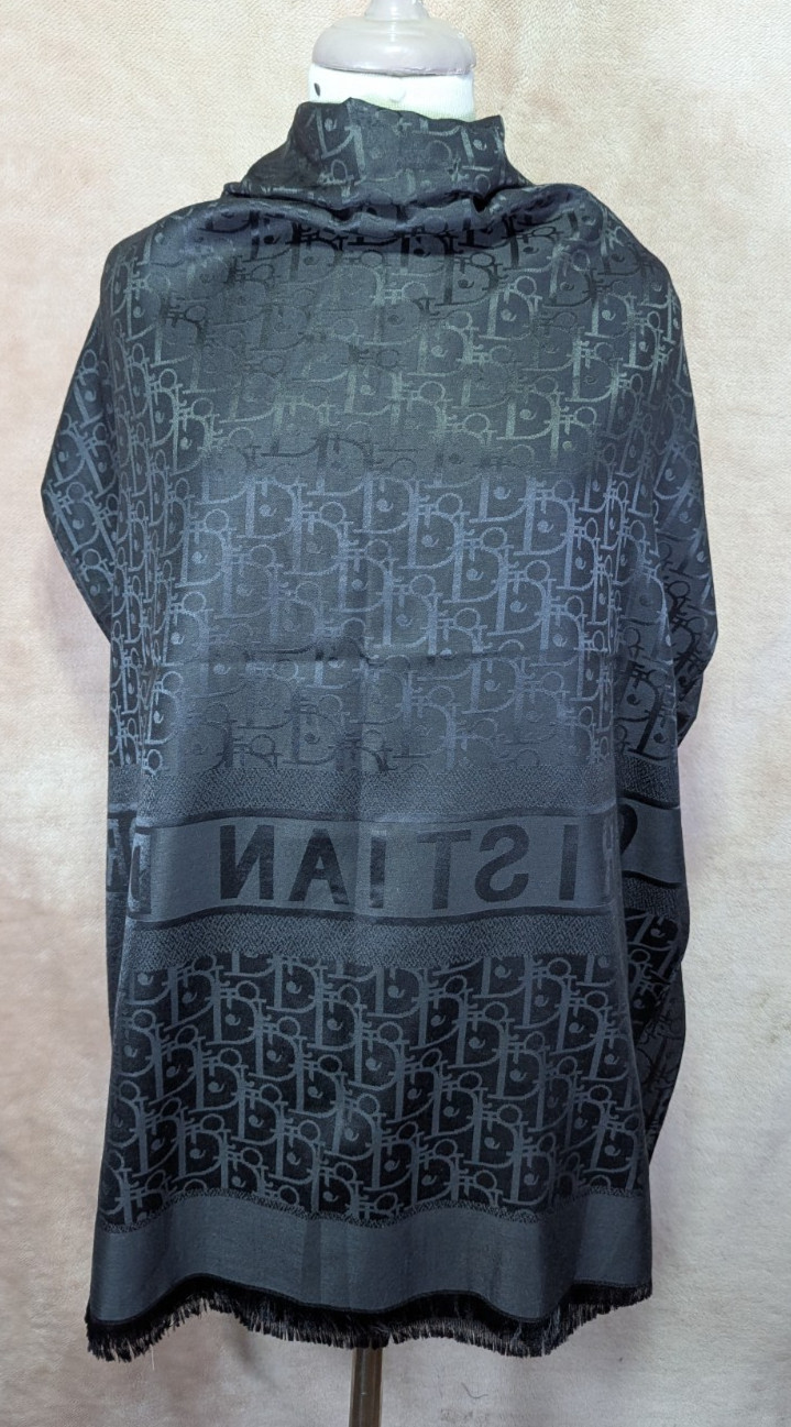 Auth Dior Scarf Shawl Stole Wrap 65% Cashmere 35% Silk Black Used