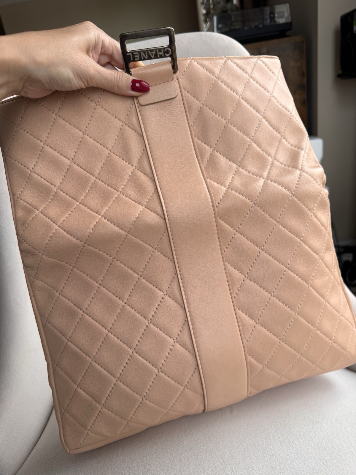 CHANEL Beige Quilted CC Logo Buckle Clutch Silver Hardware Inner Zipper