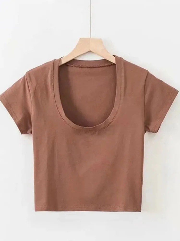 Summer Slim U-Neck Crop Top Women Short Sleeve Solid Color Stretch Vest