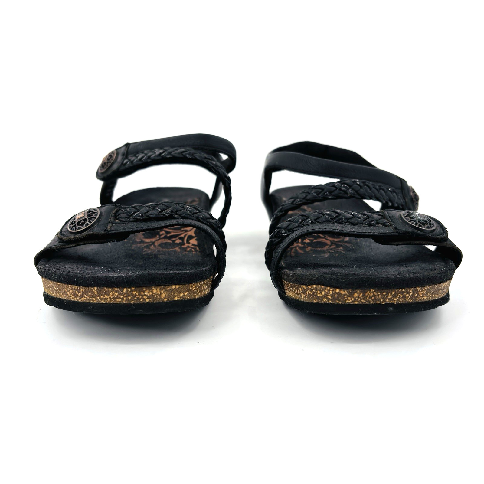 Womens 8 Aetrex Jillian Black Leather Wedge Sandals Braided Slingback SC450W