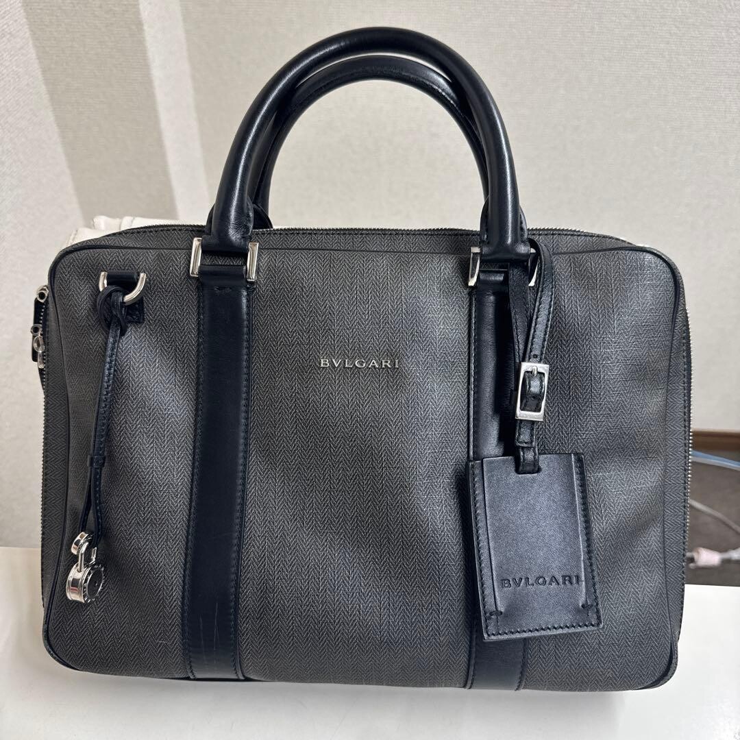 BVLGARI Mens Gray PVC Leather Business Briefcase Bag Padlock Name Tag Auth