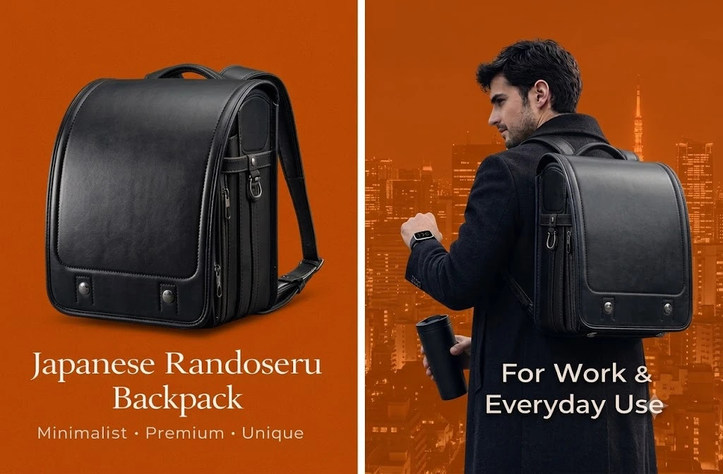 Japanese Premium Randoseru Backpack for Adults Everyday Work Fashion -Black –