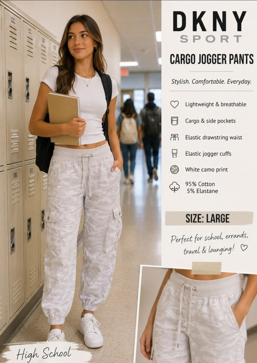 DKNY Sport Women’s L White/Gray Camo Cargo Jogger Pants Pockets Drawstring