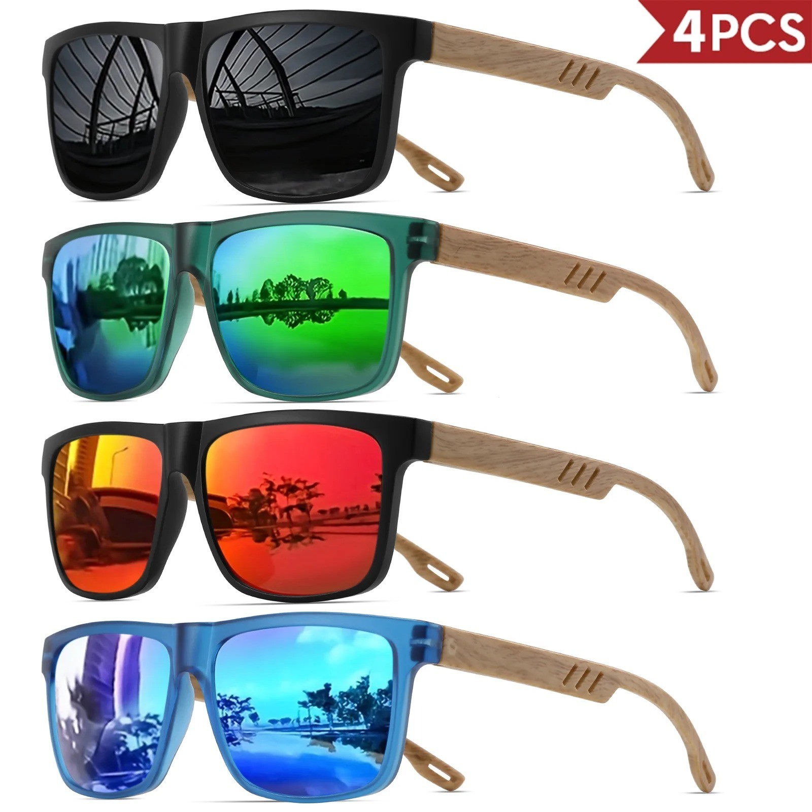 4PCS Wood Grain Spring Hinge Sunglasses Square UV400 Retro Unisex
