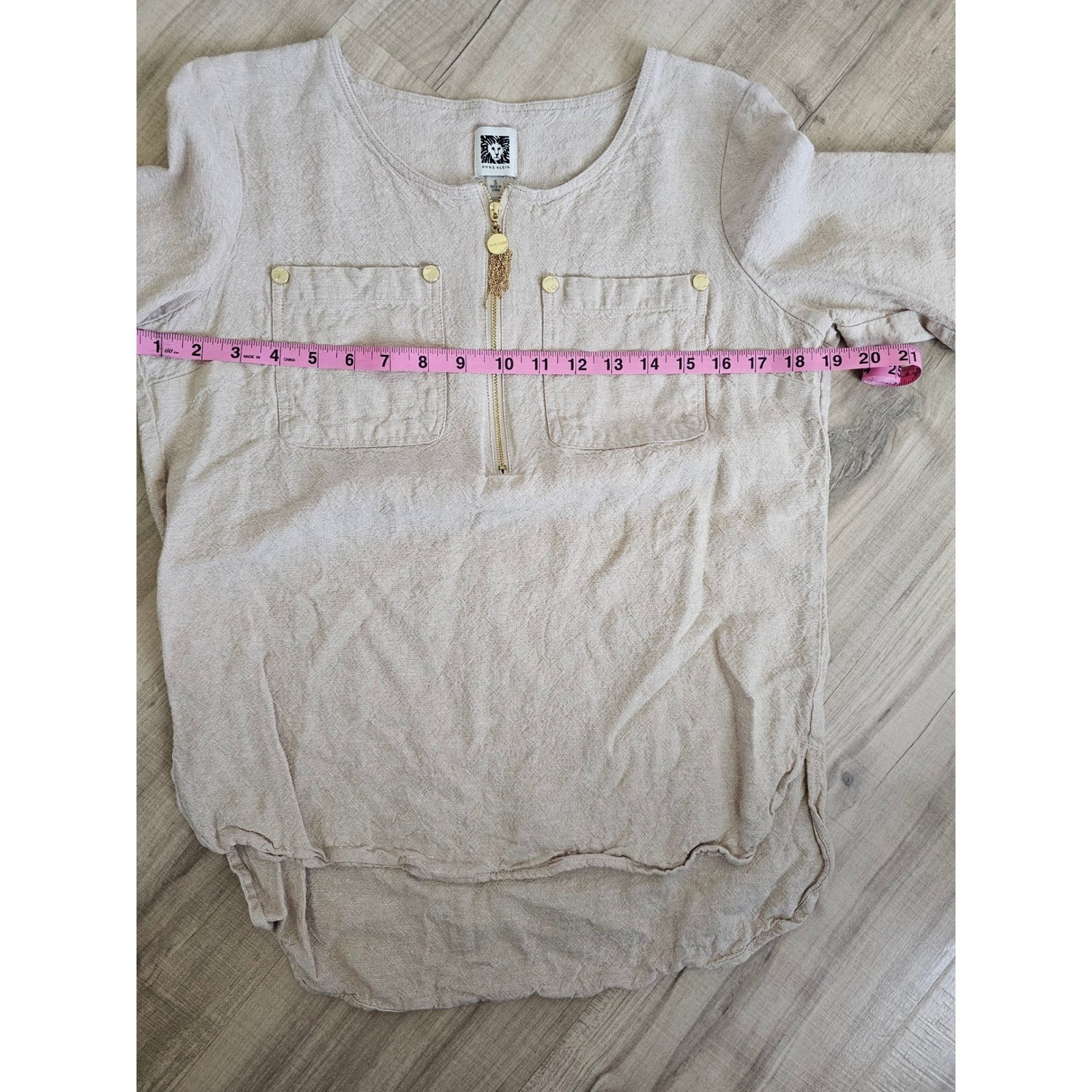 Anne Klein Womens Linen Blend Half Zip Tassel Tunic Top Beige Small