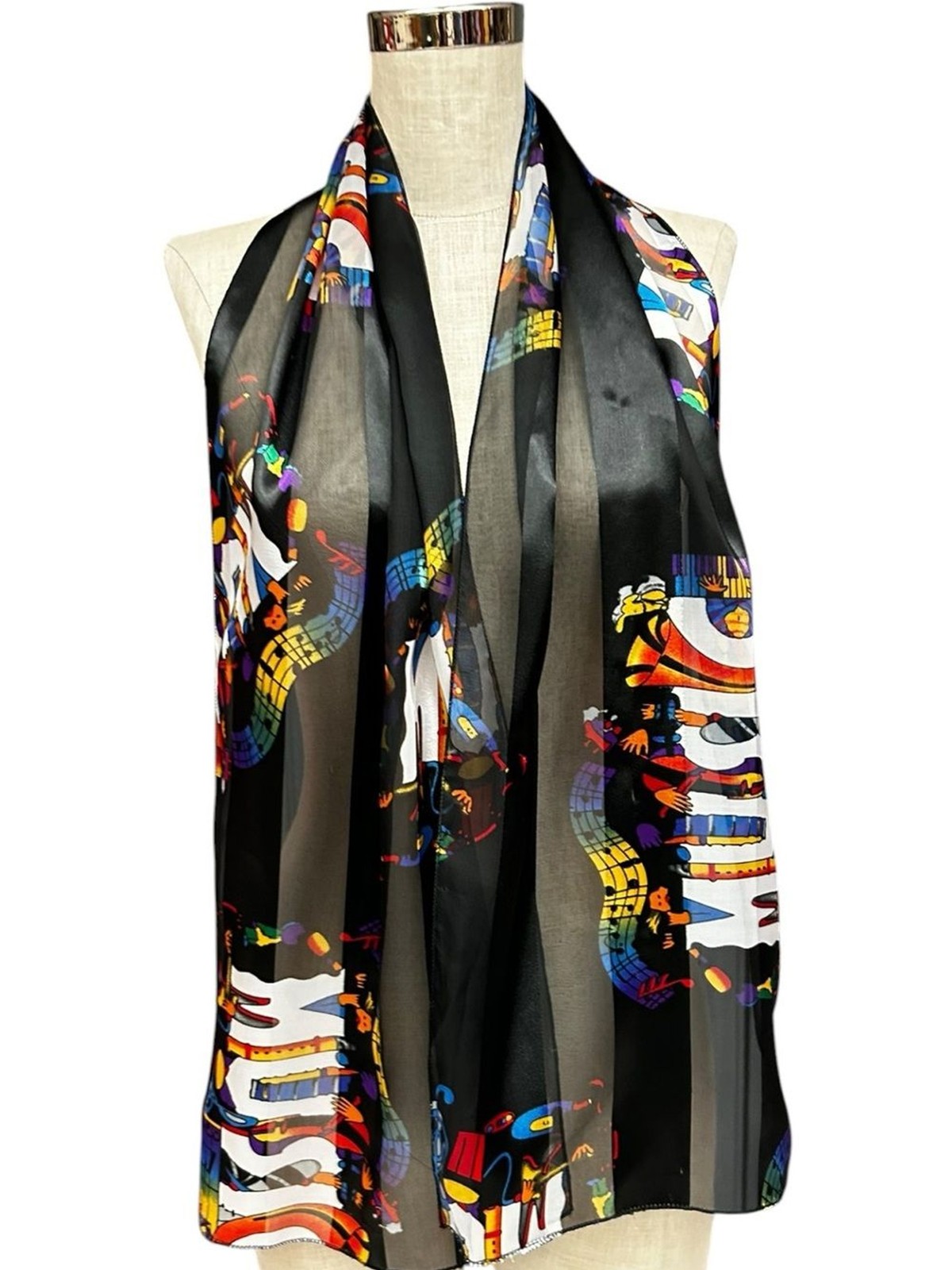 Vintage Music Theme Sheer Oblong Scarf Black Colorful Musical Notes 60×12