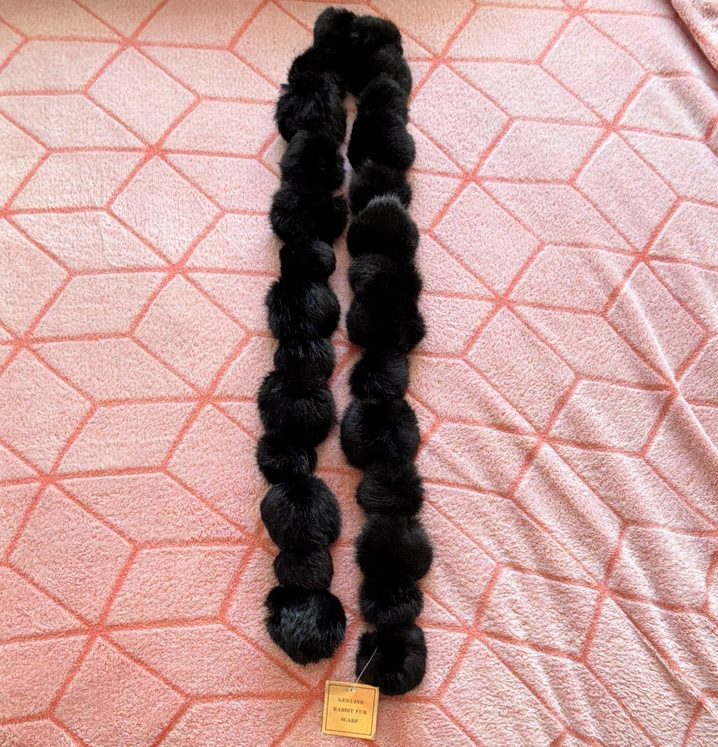 Women’s Black Vintage 100% Genuine Rabbit Fur Scarf with Pom-Pom Accents