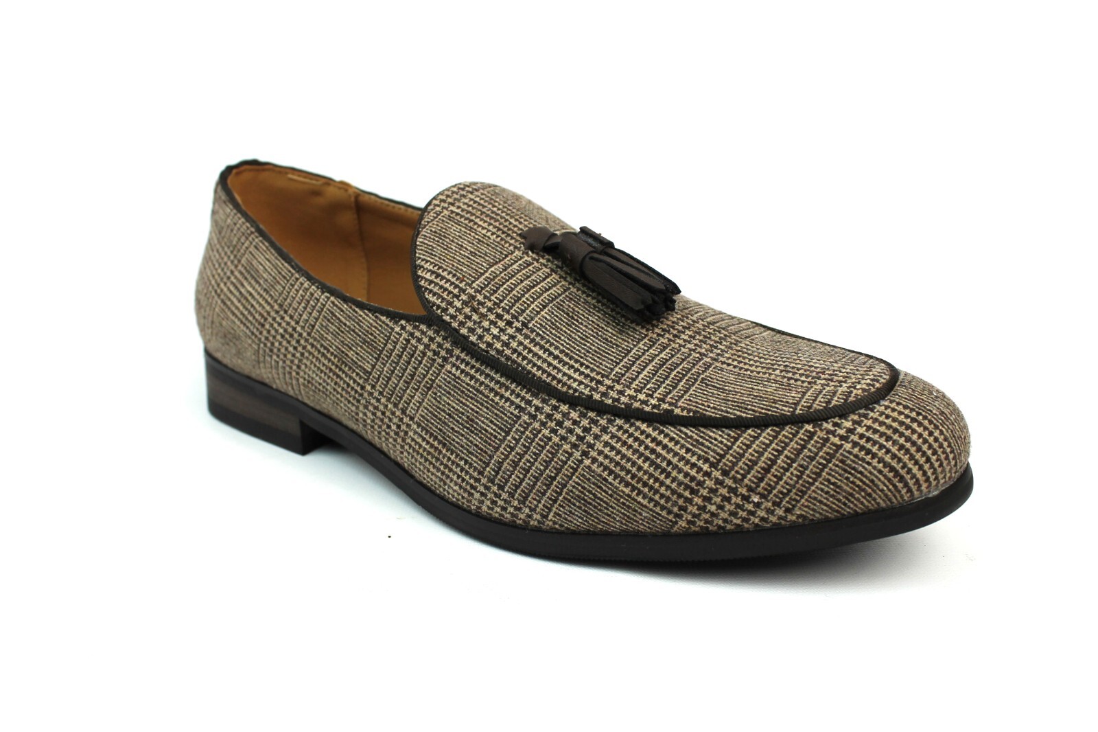 Mens Slip On Loafers Tan Brown Houndstooth Plaid Dress Shoes Leather Tassel AZAR