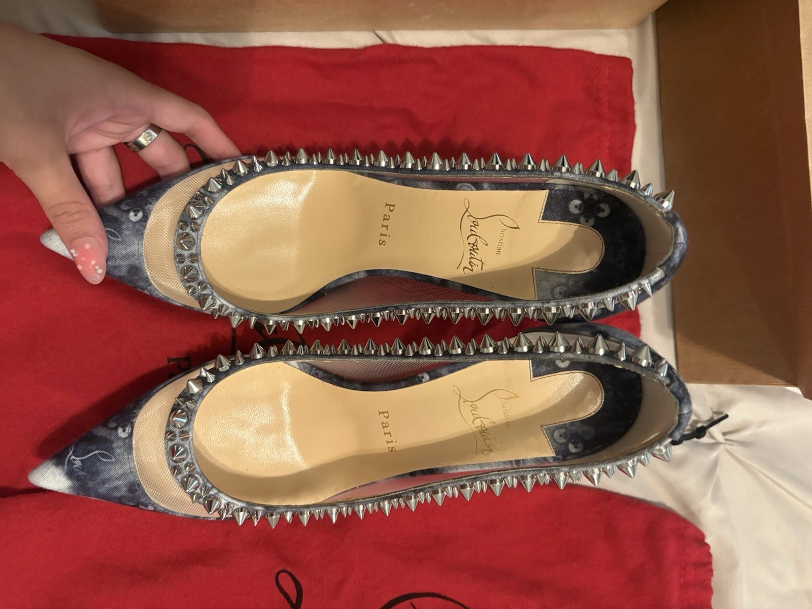 Christian Louboutin Studded Spike Denim Mesh Pointed Toe Pumps US 7 EU 38.5