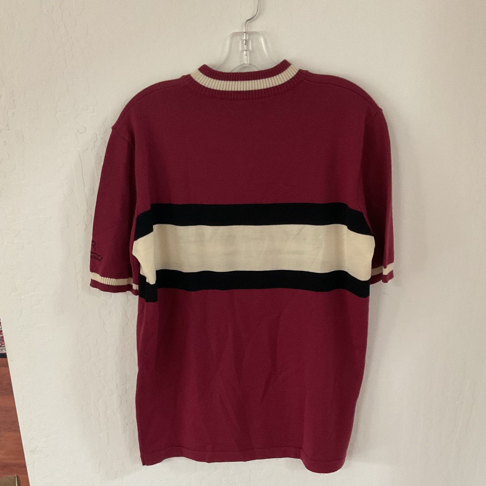Earth Wind and Rider 1/4 Zip Striped Merino Wool Knit Sweater L Red/Black