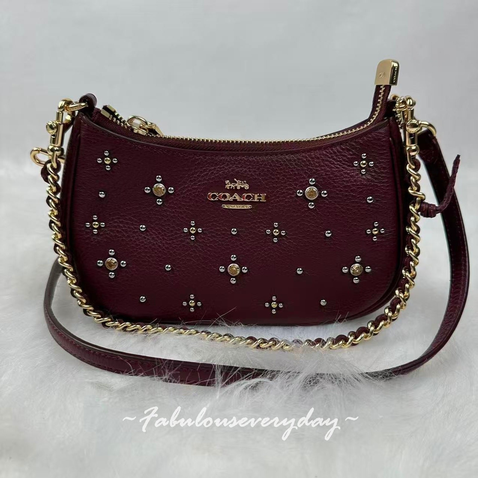 Coach Teri Mini Crossbody Bag With Crystals In Leather/Gold/Dark Wine CCE43 NWT