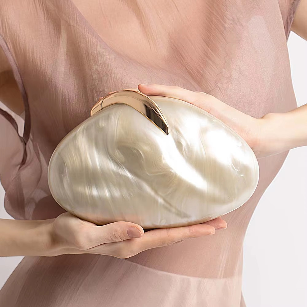 Flower Oval Egg Shell Clutch Bag Acrylic Pearl Beige Frame Purse Women Wedding E