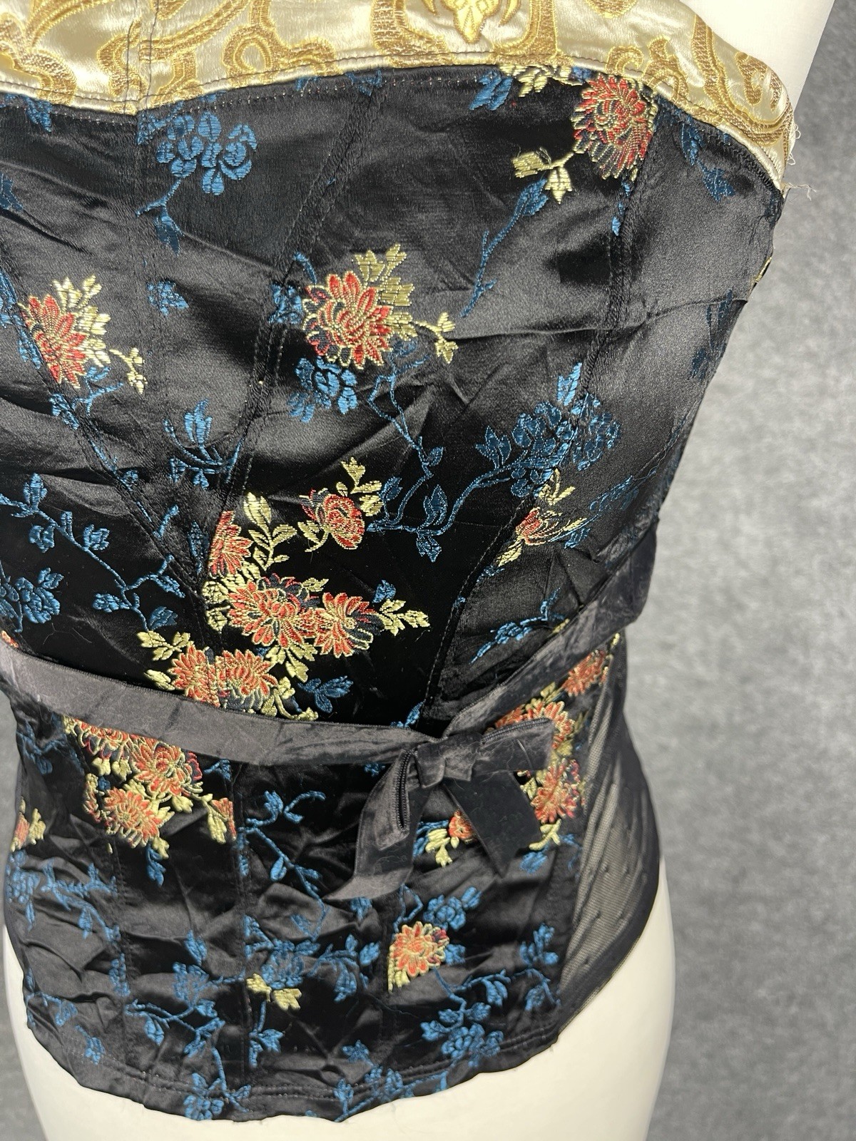 Oriental Floral Embroidered Corset Top UK 14 Black Gold Party Going Out Y2K