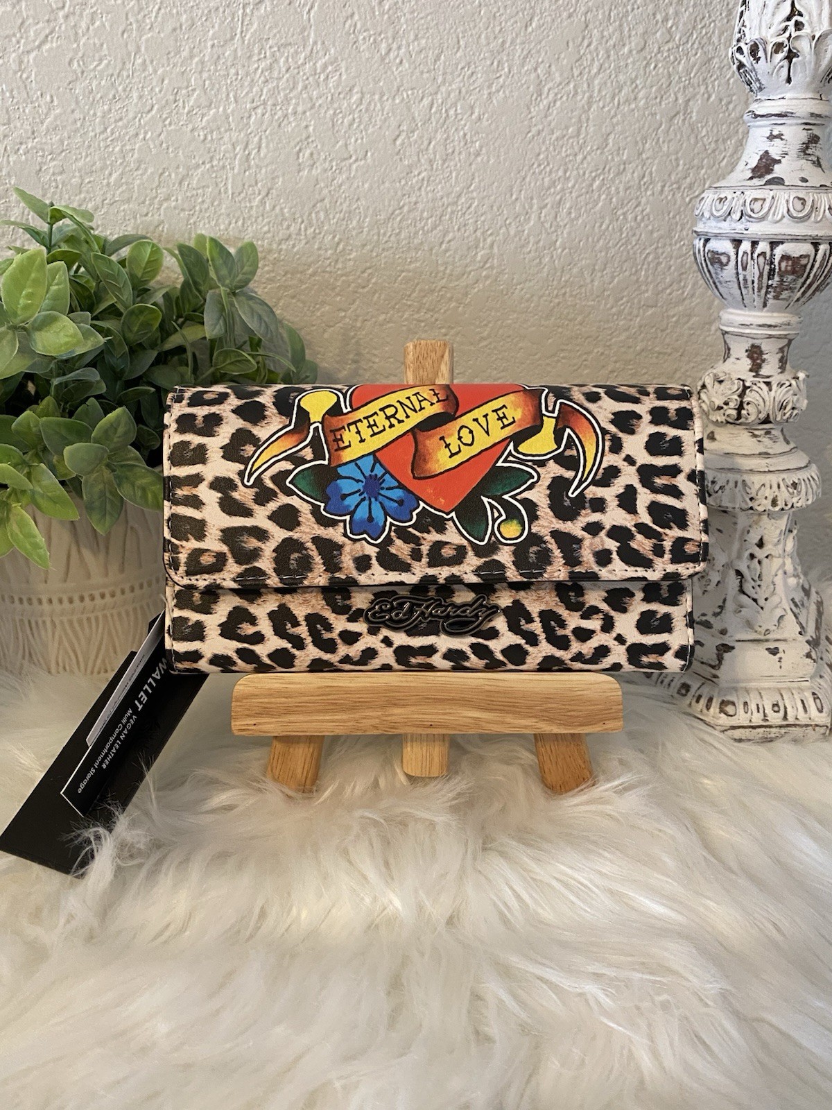 Ed Hardy Leopard Animal Print Heart Logo Folding Credit Card Women’s Wallet