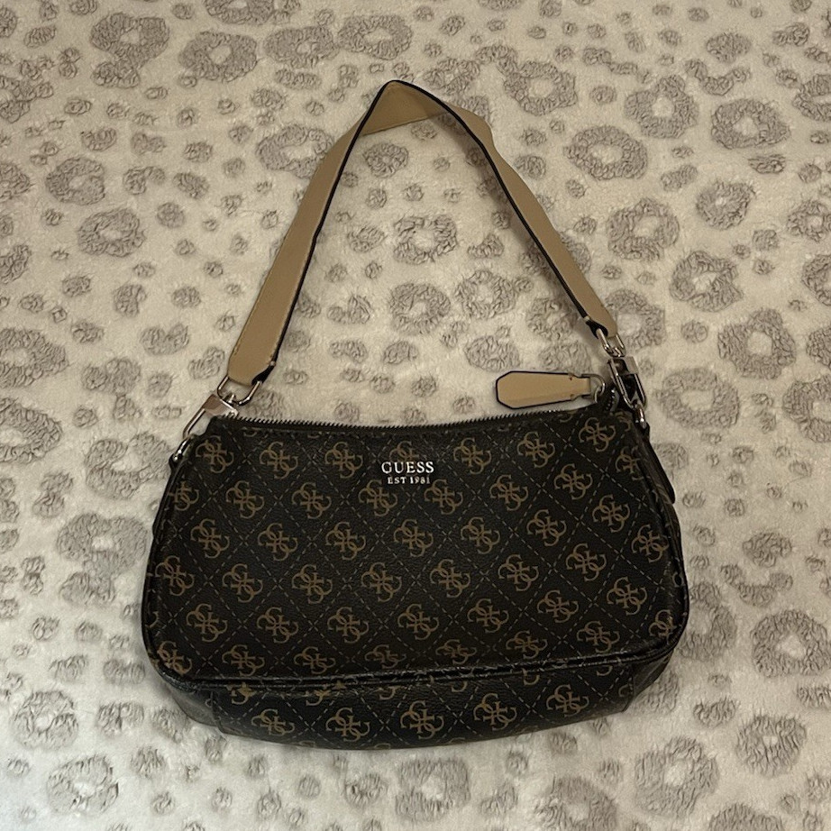 GUESS Monogram Shoulder Bag Black/Beige Zip, Lined Inner Pockets, Beige Strap