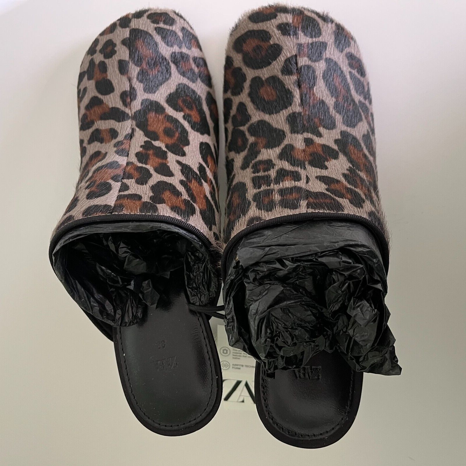Zara Animal Print 100% Leather Mules Leopard Print Square Toe 2.8in Heel Sz 7.5