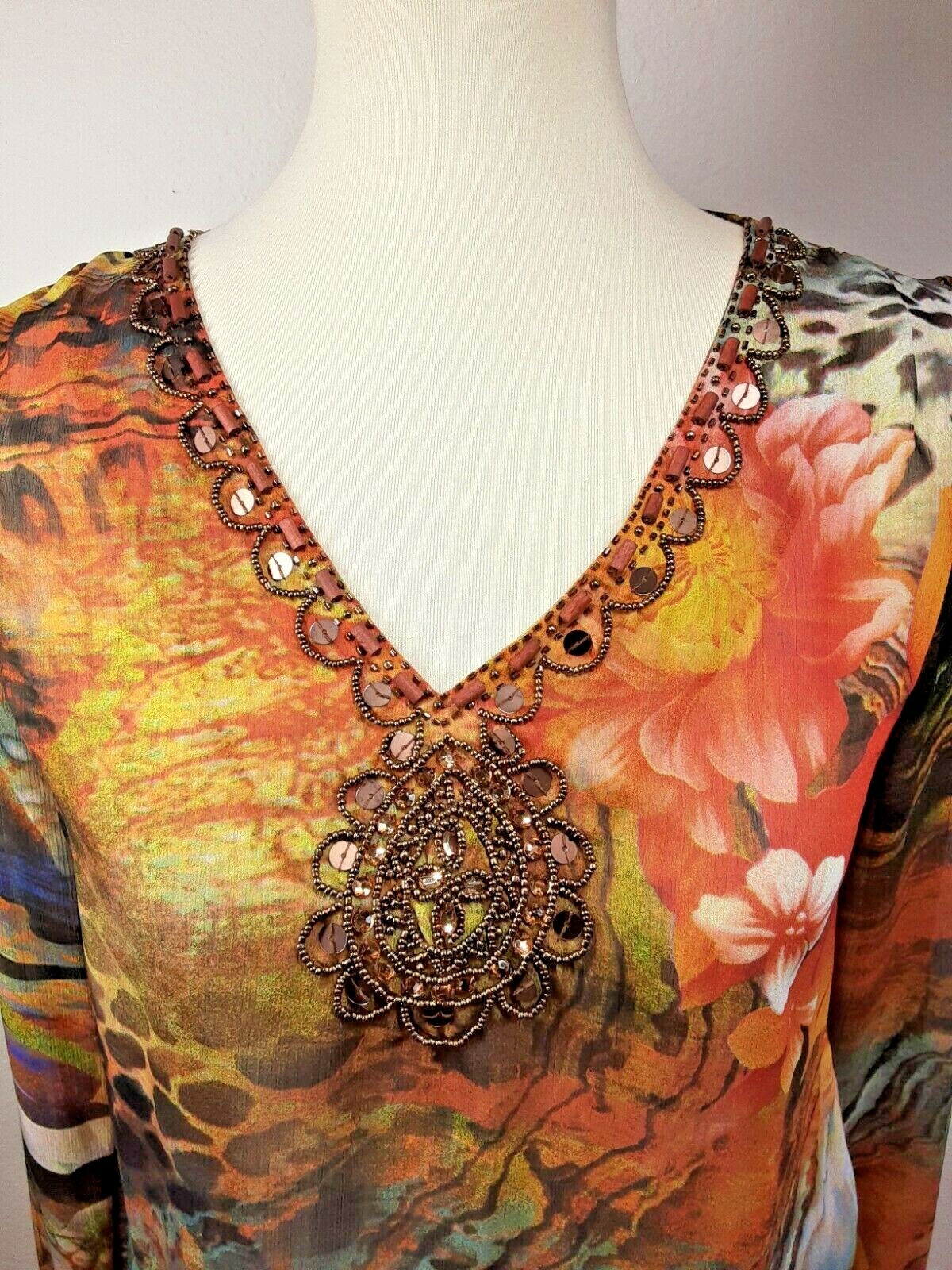 Mushka Sienna Rose Womens Small Embellished Peasant Semi Sheer Chiffon Long Top