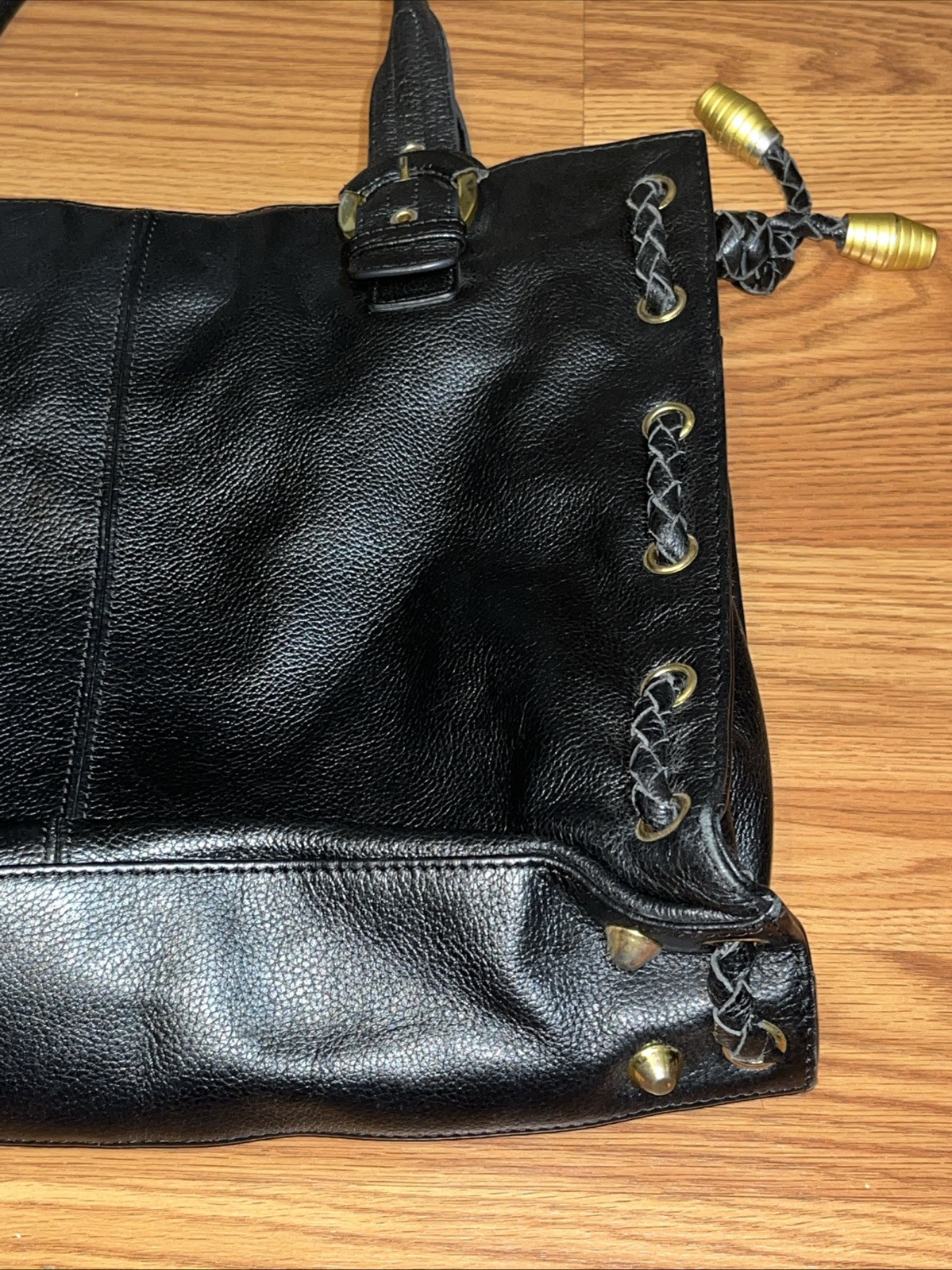 APC Pebbled Leather Handbag Large Rope Braided Buckle Brass Accent MSRP $560