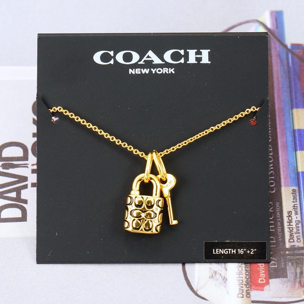 NWT Coach Signature Padlock Black Enamel Necklace Gold Tone