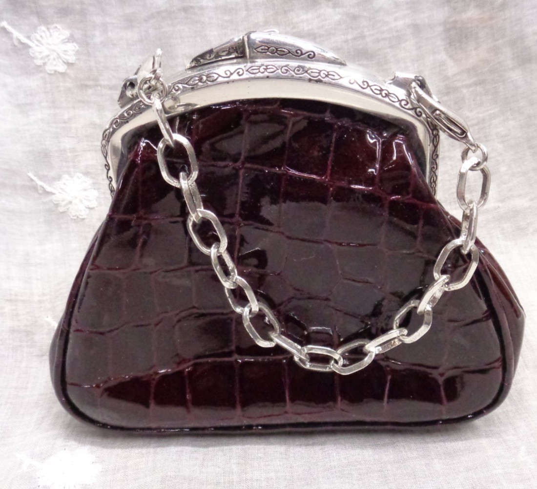 BRIGHTON Burgundy Dark Red Croc Accent Kisslock Short Chain Mini Purse