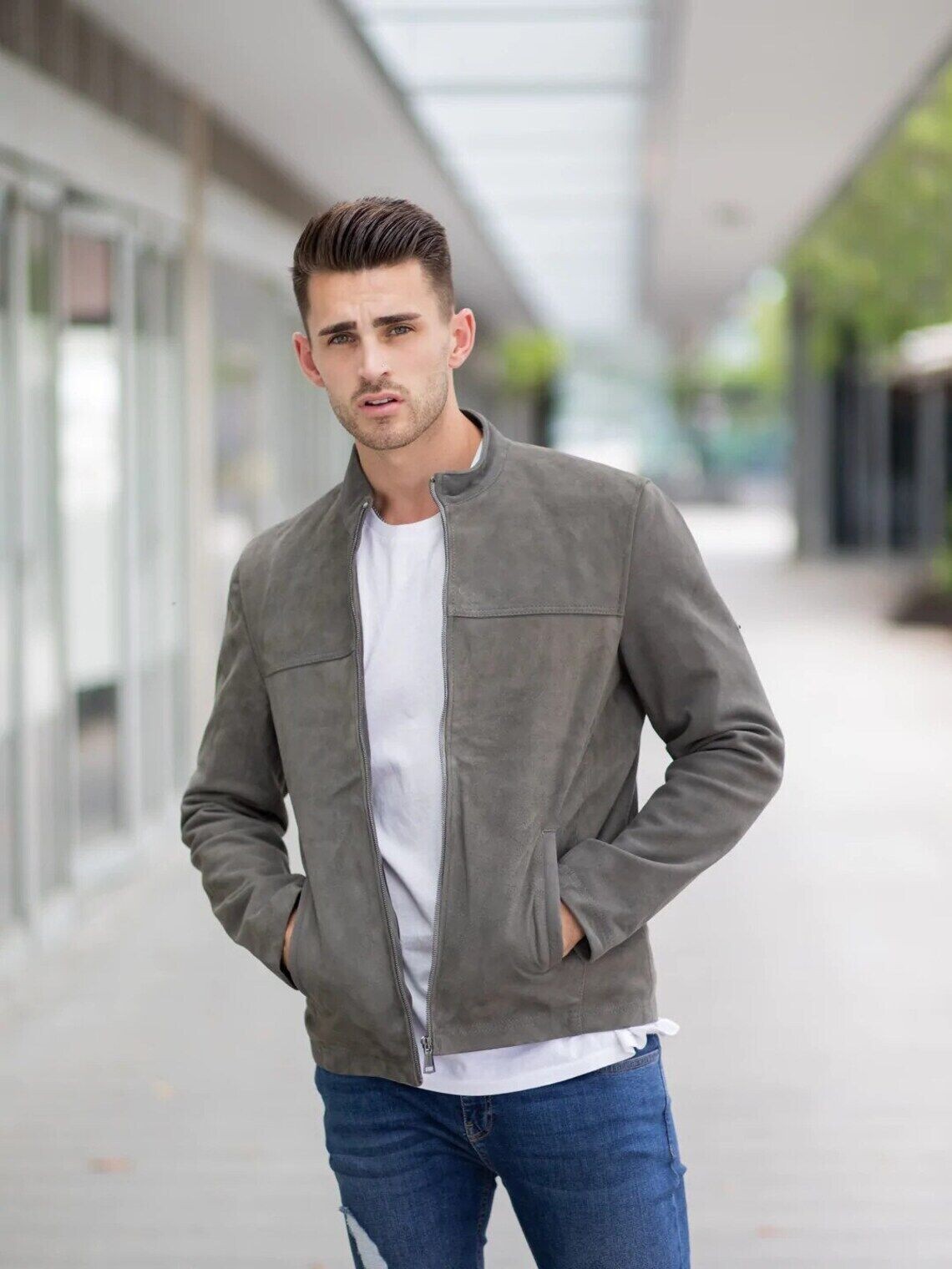 Leather Jacket Men Gray Genuine Suede Cafe Racer Size XS S M L XL XXL Custom-016