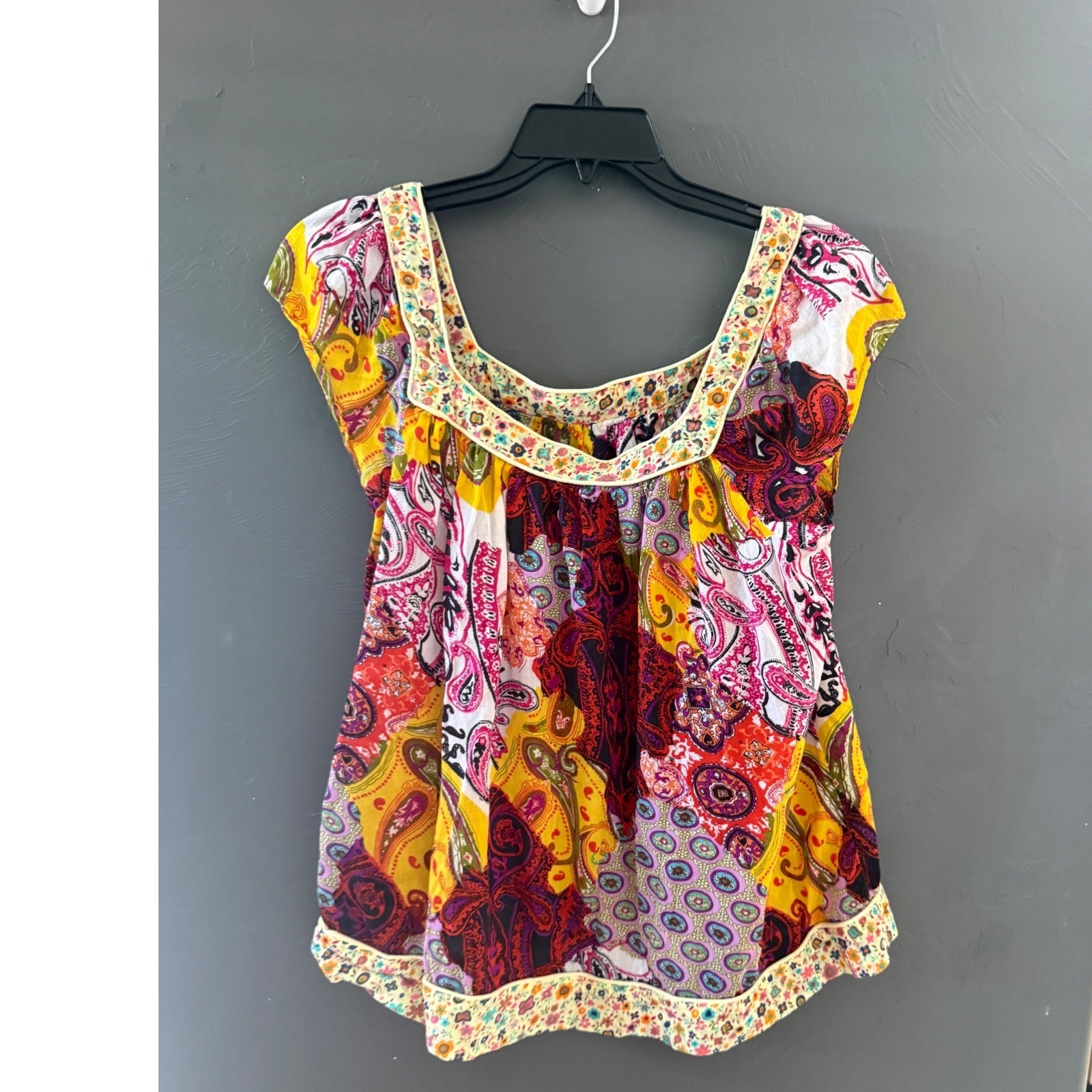 Bohemian Paisley Patchwork Print Square Neck Top Multicolor Short Sleeve Summer