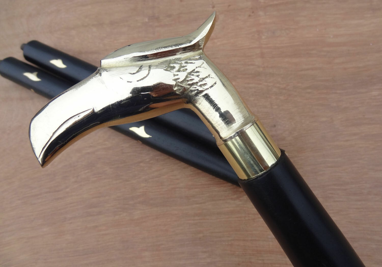 Vintage Brass Designer Chrome falcon Head Handle Wooden Walking Stick Antique