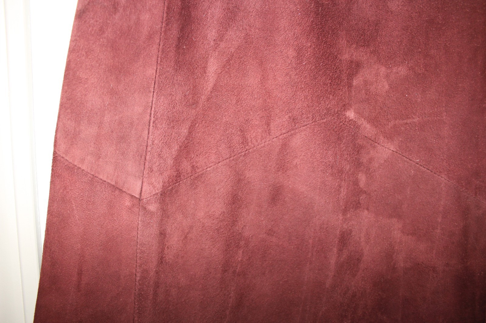VTG 80s Suede Leather Designs Brown Burgundy Midi Skirt Chevron Panel Elastic L