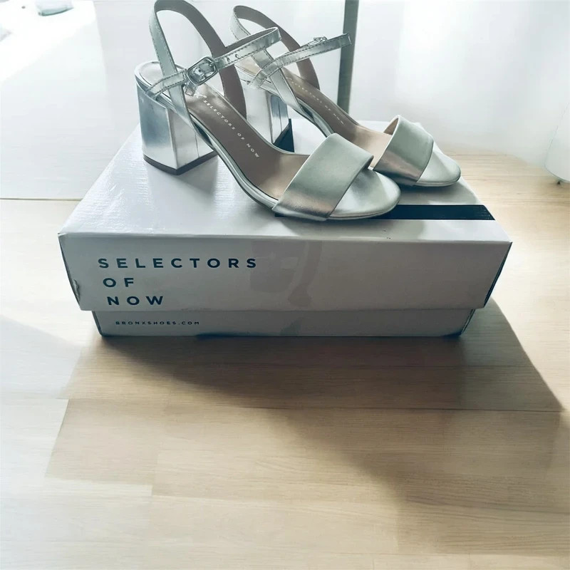 Silver metallic block heel sandals by Bronx (Size 37) with original box