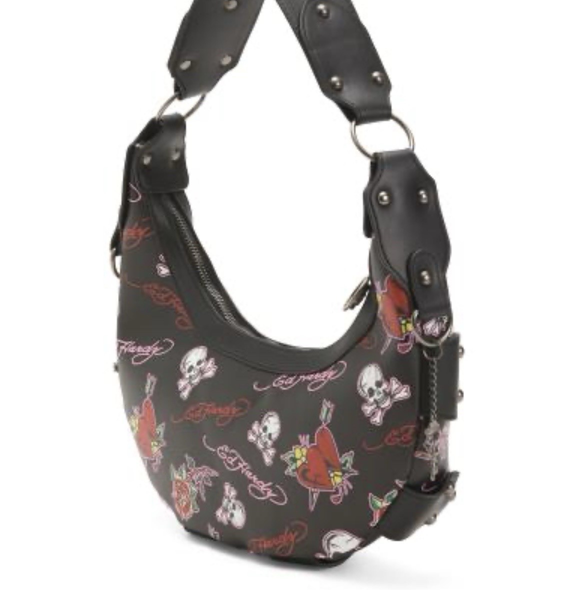 Ed Hardy Black Studded Skull Print Hobo Shoulder Bag Zip Detachable Strap