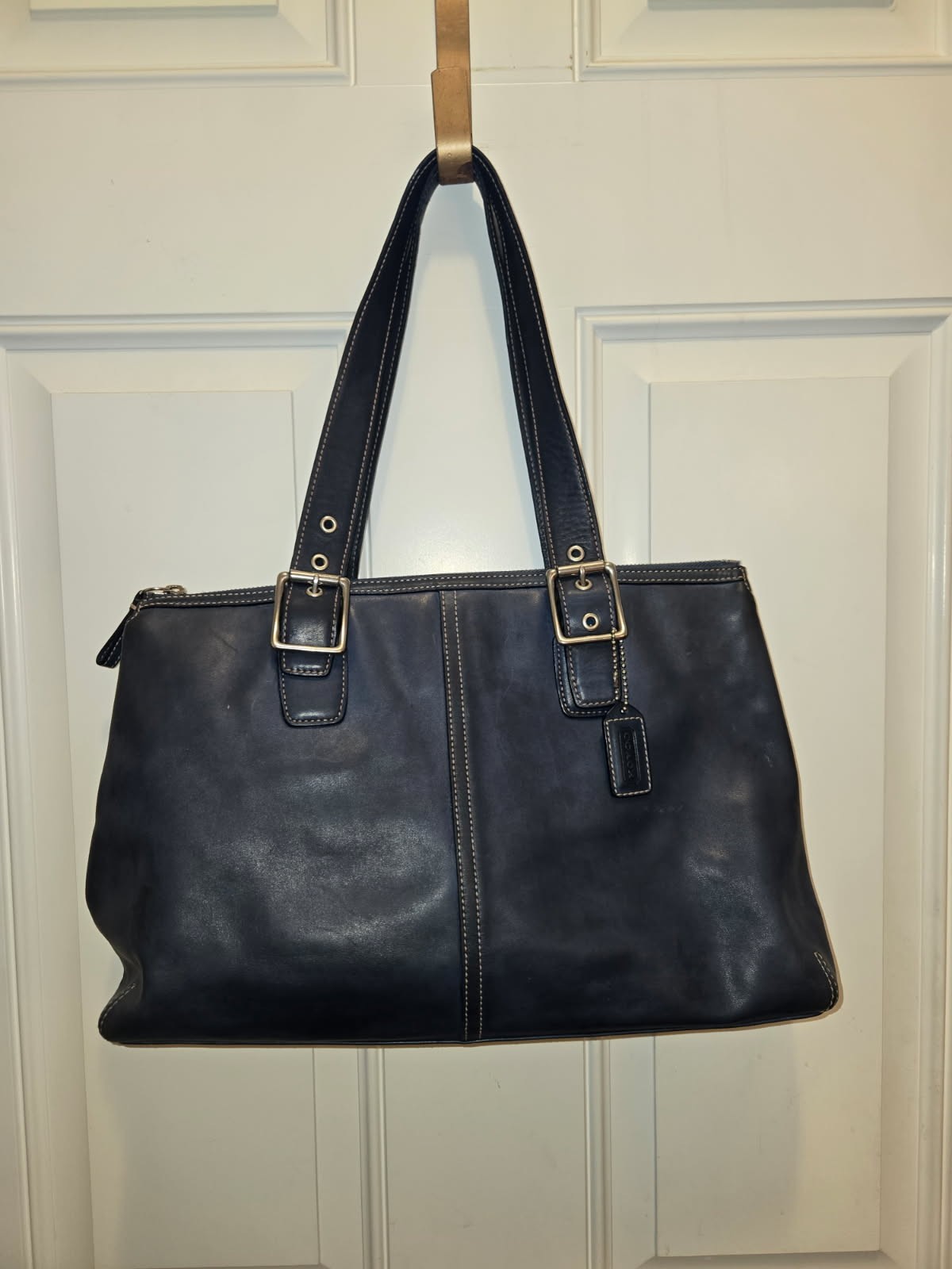 Vintage Coach Hampton 9554 Blue Leather Tote Satchel Bag Purse Buckles