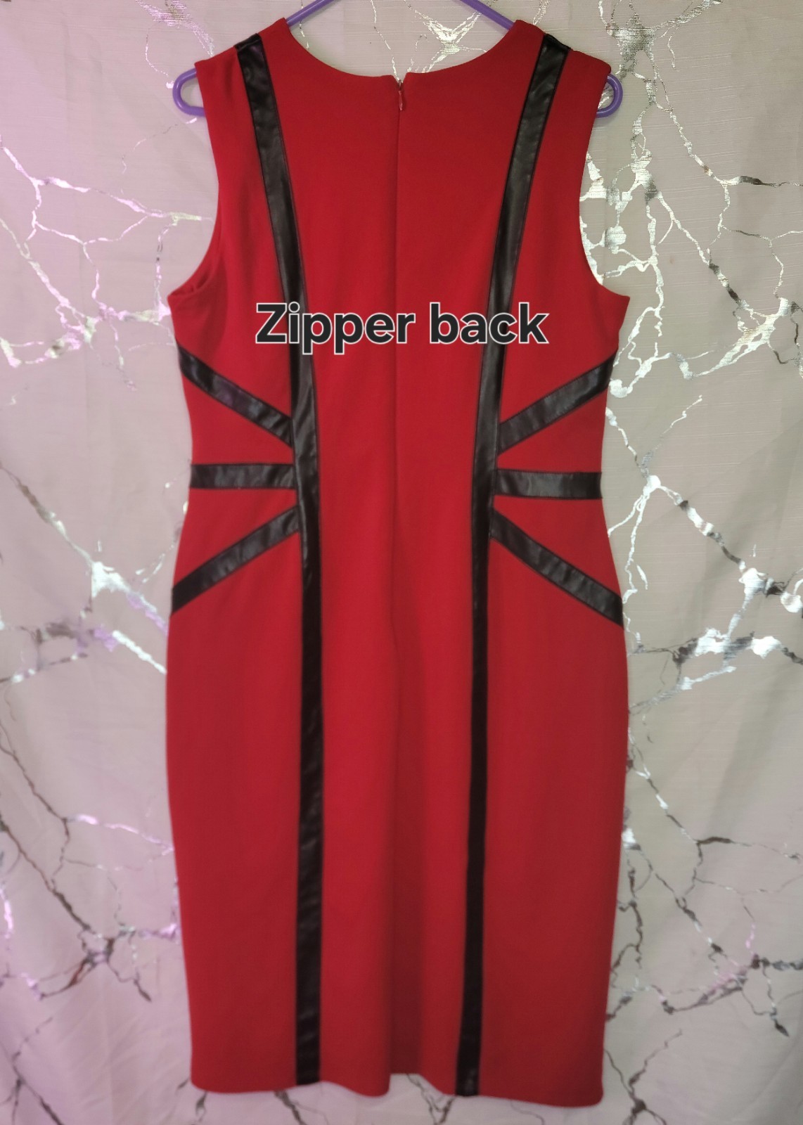 NY&C Red Bodycon Dress With Black Leather Trim And Pockets