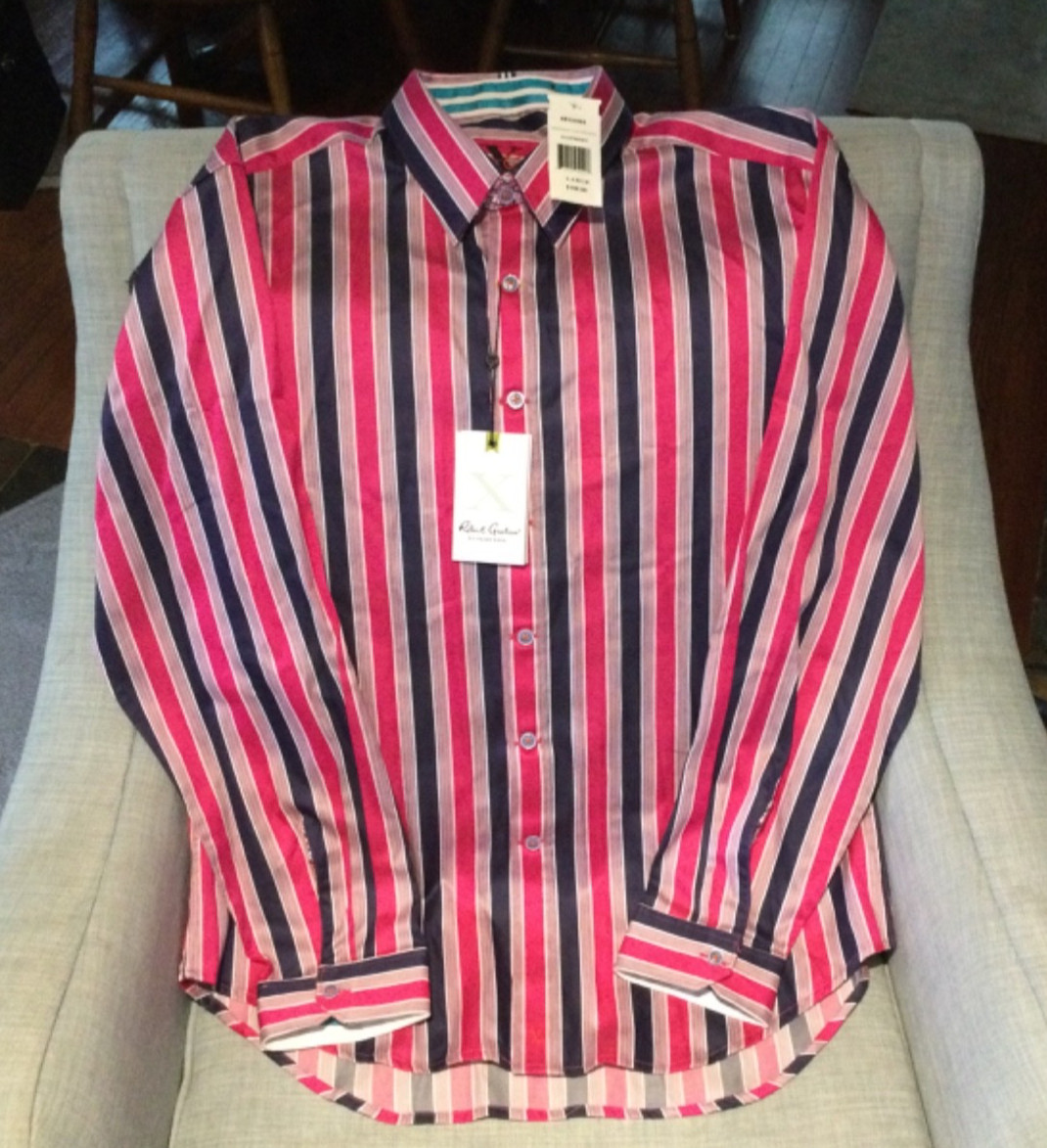 Robert Graham X Collection Tailored Fit Striped raspberry & navy long sleeved