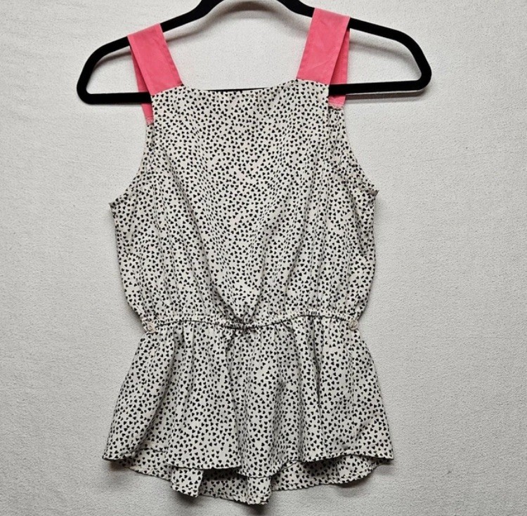 Candie’s Peplum Tank Top Womens Small White Black Heart Print Pink Straps Blouse