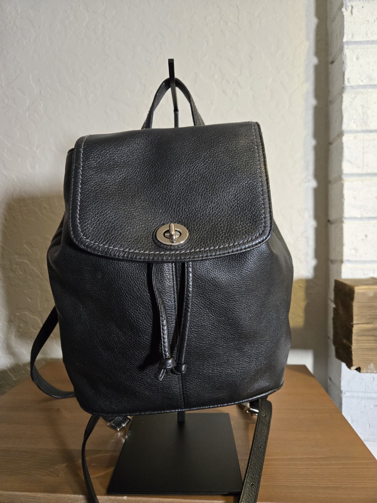 Coach Black Pebbled Backpack Drawstring Turn Lock Silver 9 x 10.5 x 4.5