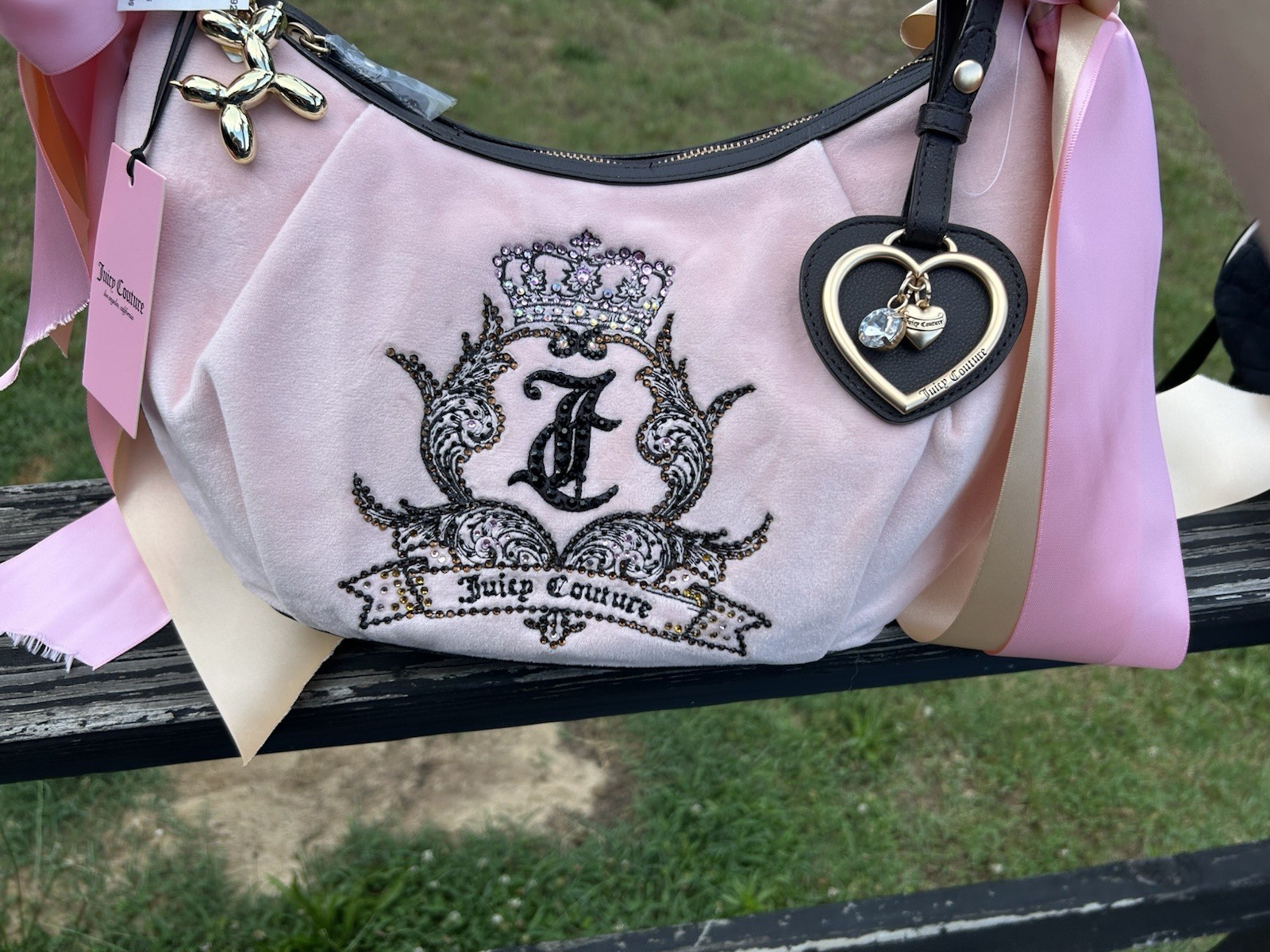 Juicy Couture Need More Juicy Pink Clay Velour Hobo Bag with Custom Gothic Crest