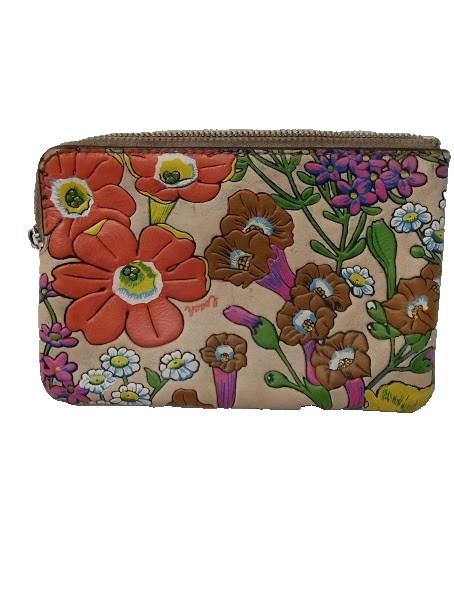 Pre Owned COACH Floral Corner Zip Leather Wristlet Clutch brkn zipper