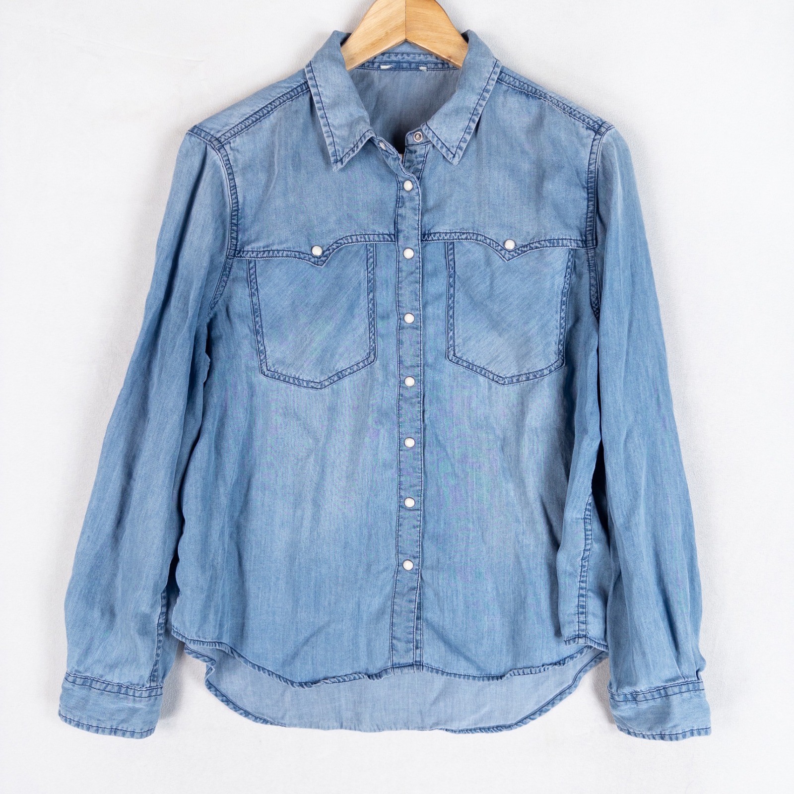 Sundance Womens Western Snap Shirt Blue Tencel Chambray Light Wash Cowgirl