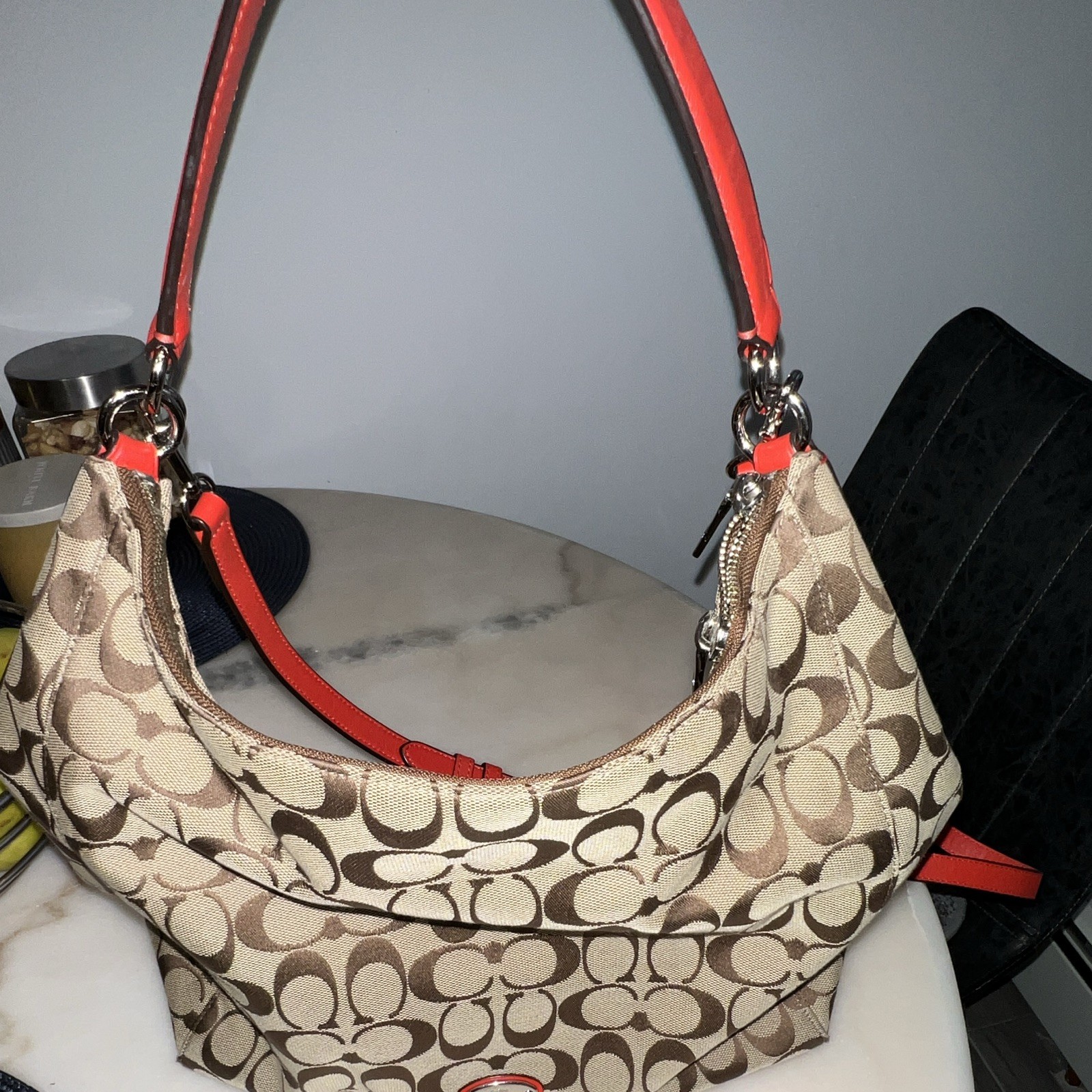 Coach Signature Logo Hobo Shoulder Bag Zip Beige/Brown Orange Trim Strap