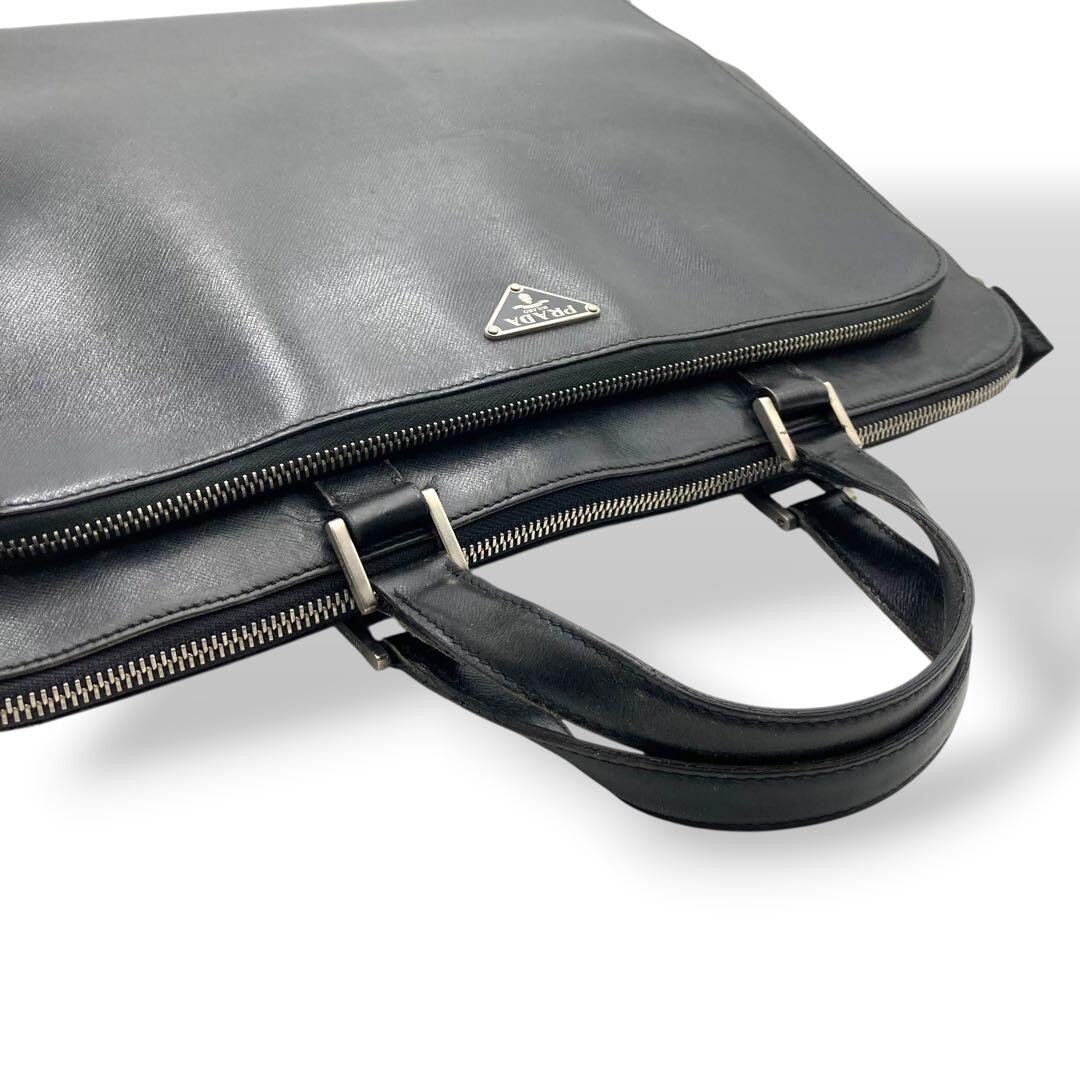 Prada Saffiano Leather Black Briefcase Business Bag Triangle Logo Auth
