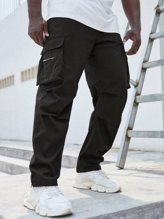Manfinity Homme Men Plus Size Black Flap Zipper Pocket Fall Cargo Pants