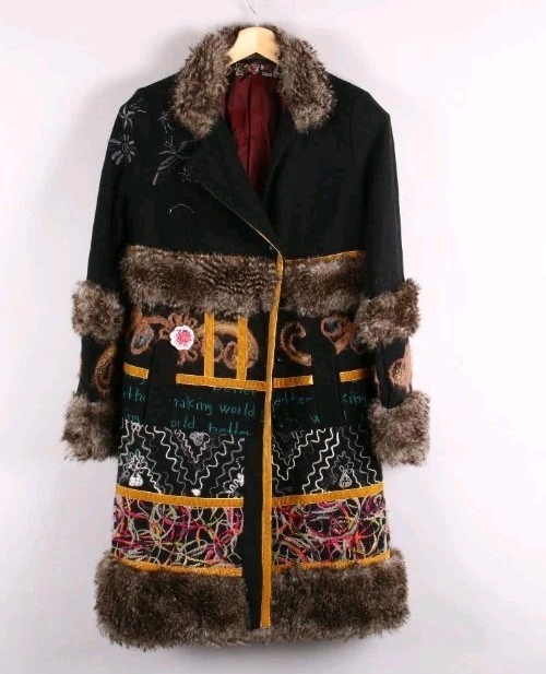 Vtg Y2K Boho Patchwork Desigual Embroidered faux fur wool Penny Lane Coat Size M