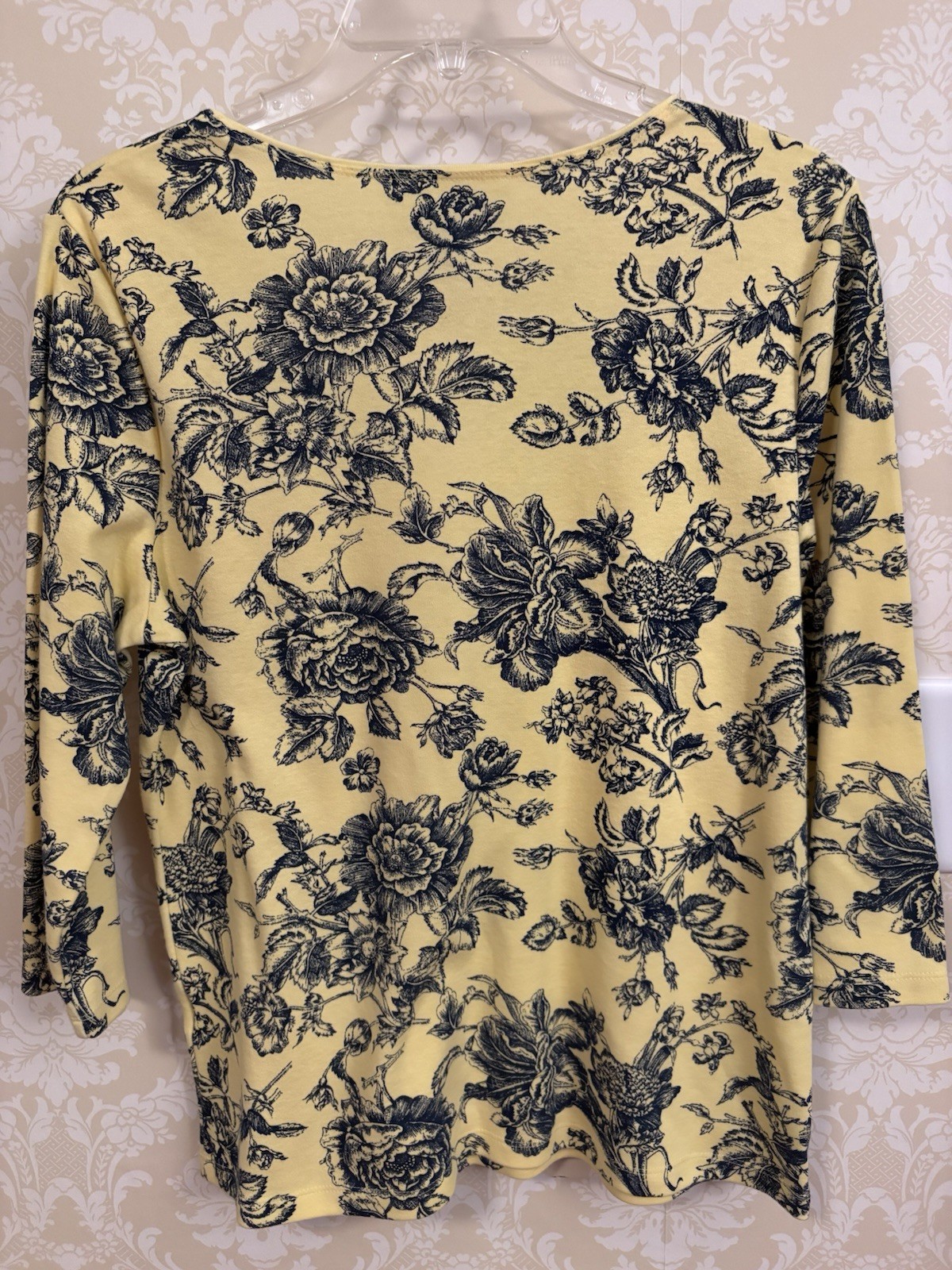 Karen Scott Petites PL Yellow Navy Mint Roses Floral Knit 3/4 Sleeve Tops 2 pcs