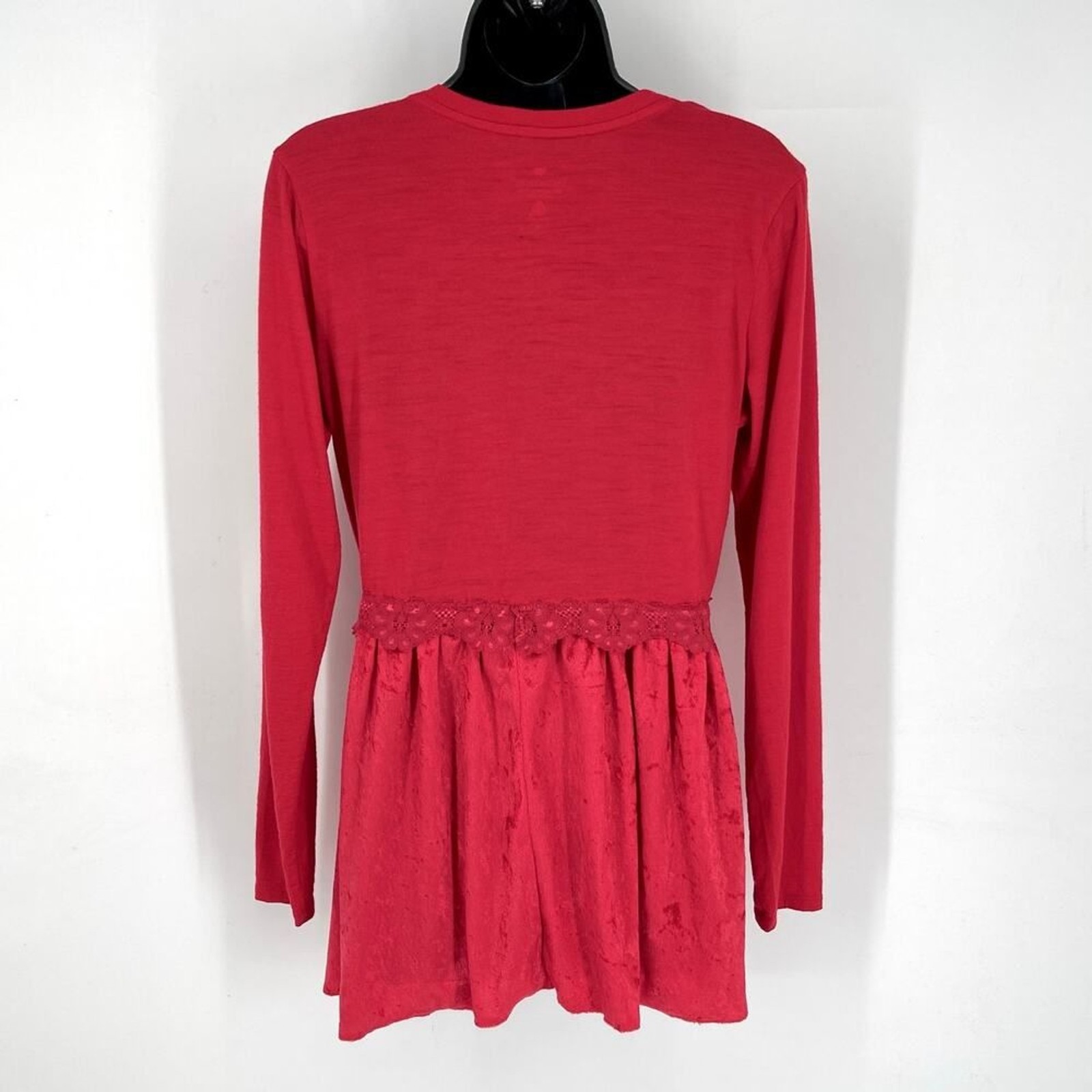 Seg’ments Merino Wool V-Neck Tunic Top Sz M Red Pleated Texture Lace Lightweight