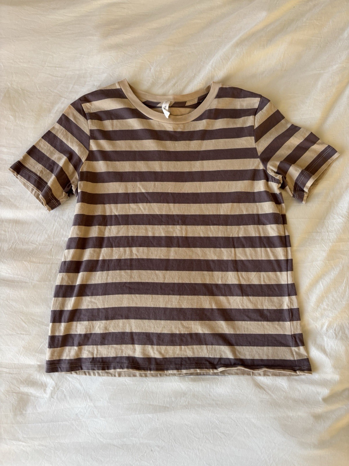 Wishlist Women’s Large Striped T Shirt Taupe Cream 100% Cotton Short Sleeve Top