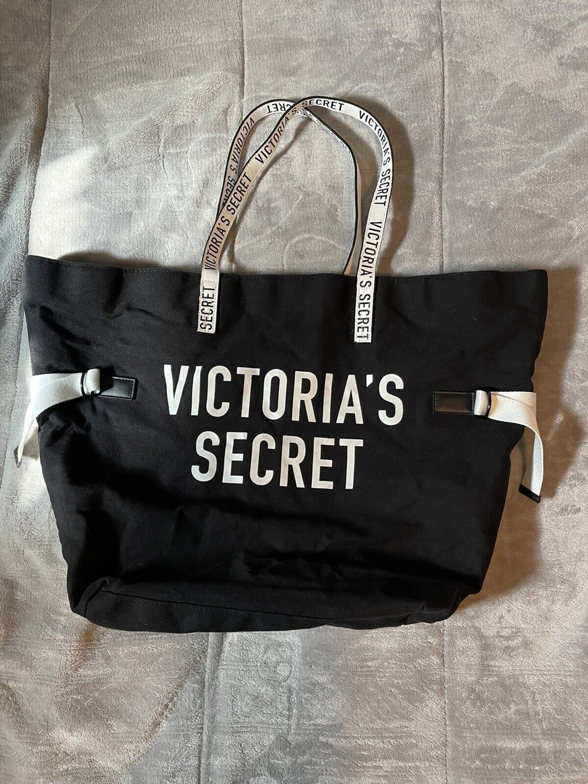 Victoria’s Secret Large Tote Bag Black Logo Nylon Shoulder Travel Gym Beach Bag