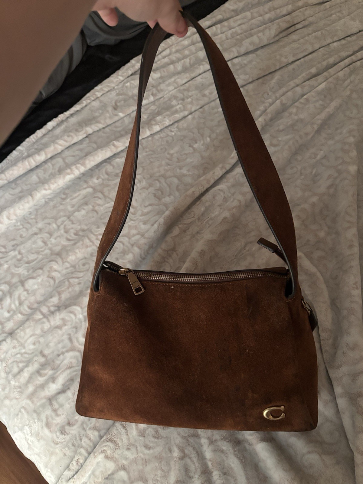 Coach Brown Suede Shoulder Bag for Women Gold Hardware Logo Zipper Accent