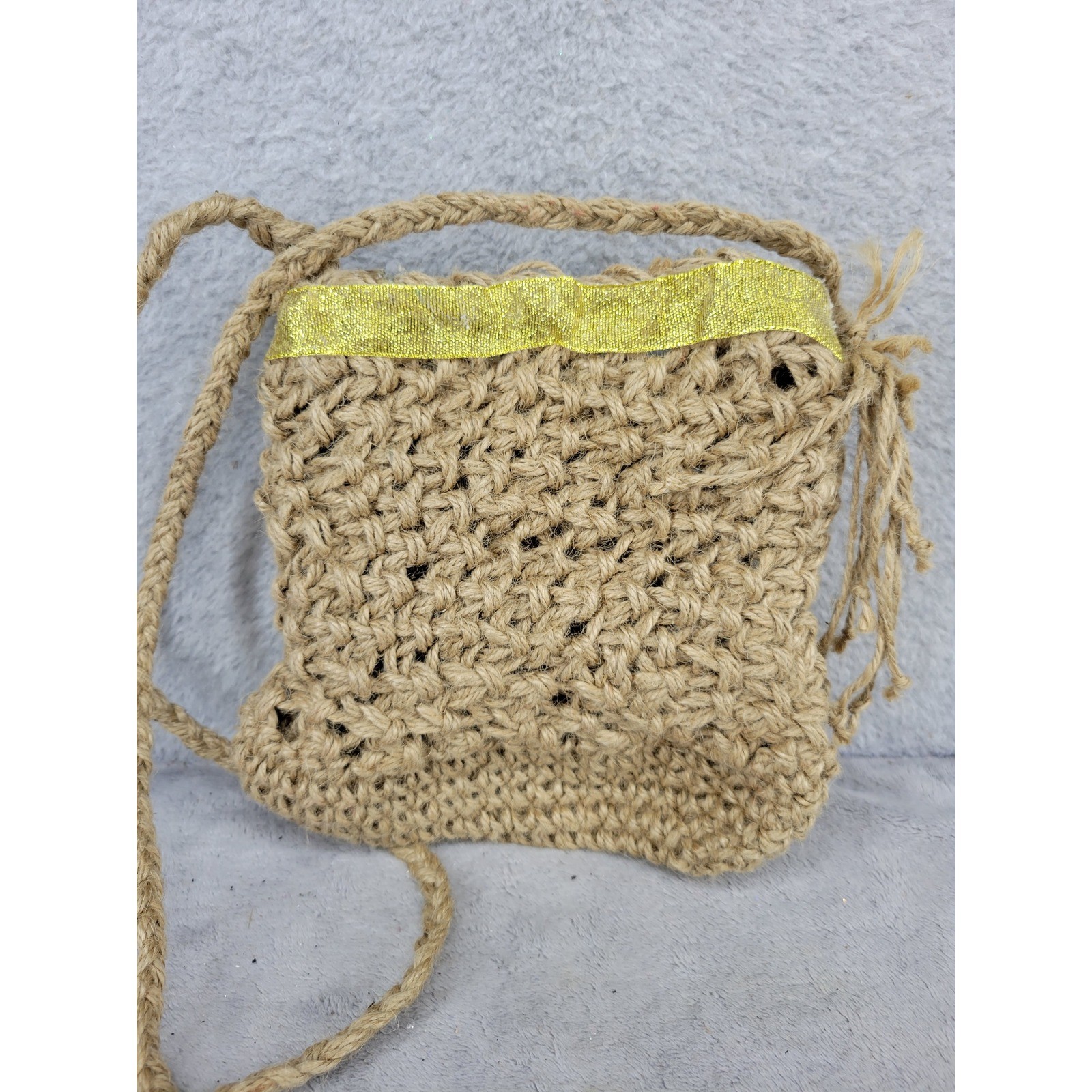 Handmade Jute Macrame Drawstring Pouch Bag Gold Accent Small Boho